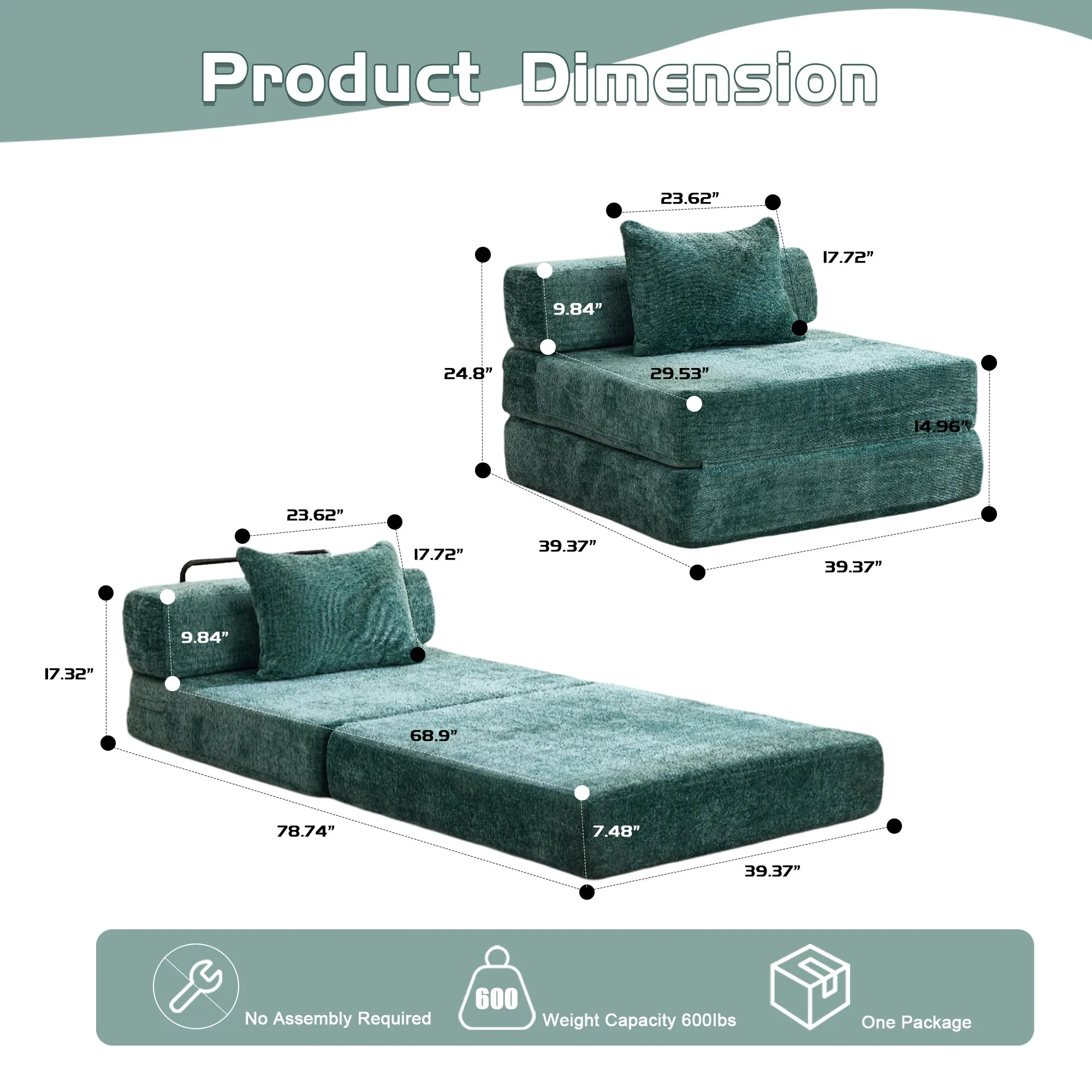 Chenille Compression Sofa Bed, Convertible Floor Sofa with Frame