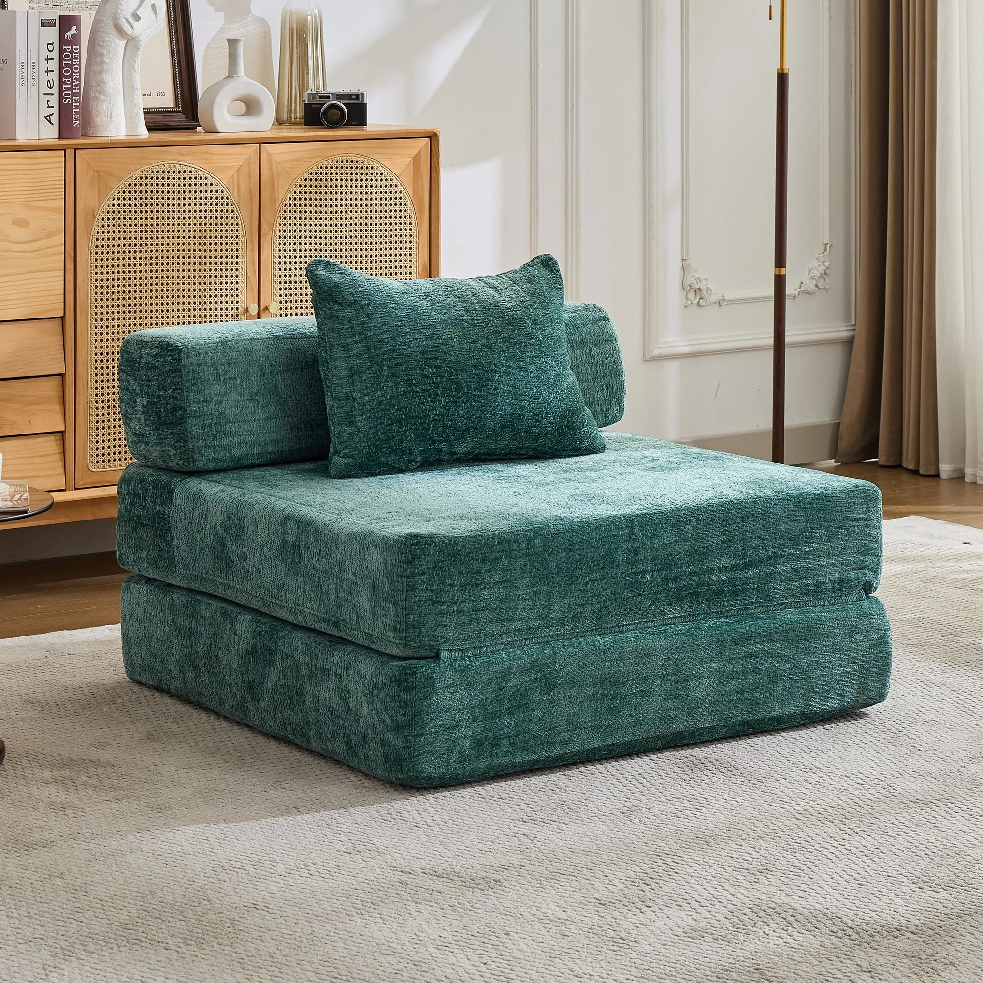 Chenille Compression Sofa Bed, Convertible Floor Sofa with Frame