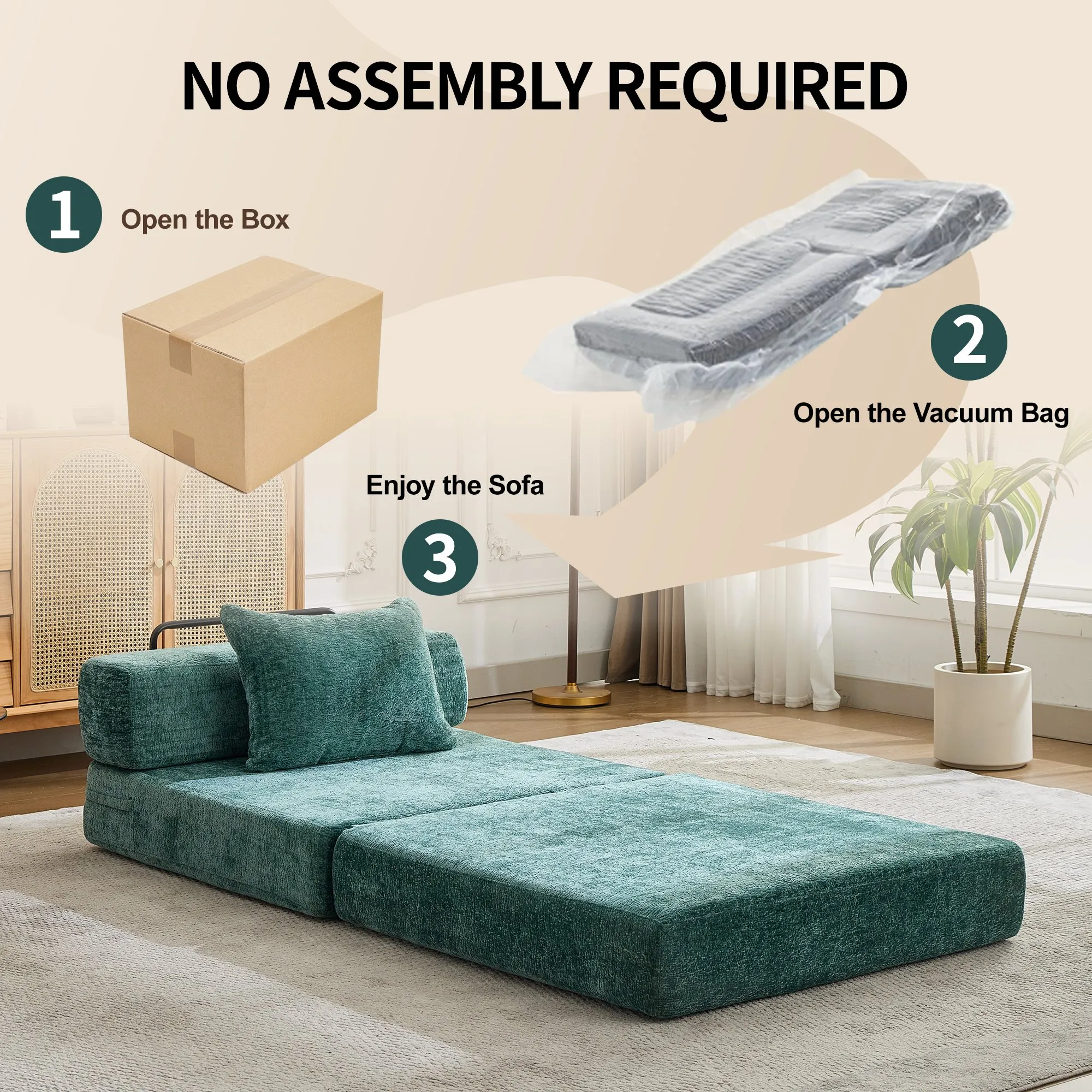 Chenille Compression Sofa Bed, Convertible Floor Sofa with Frame
