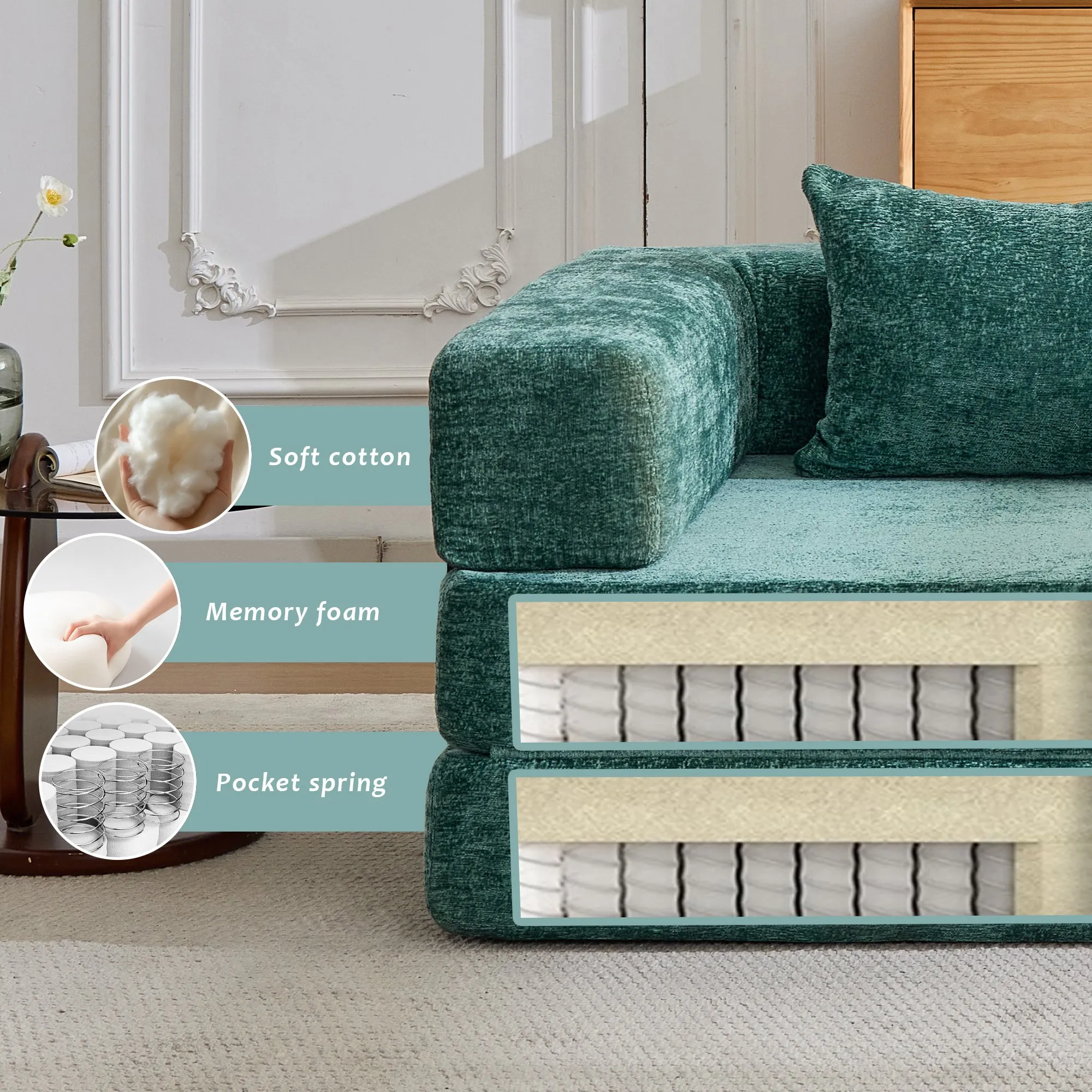 Chenille Compression Sofa Bed, Convertible Floor Sofa with Frame