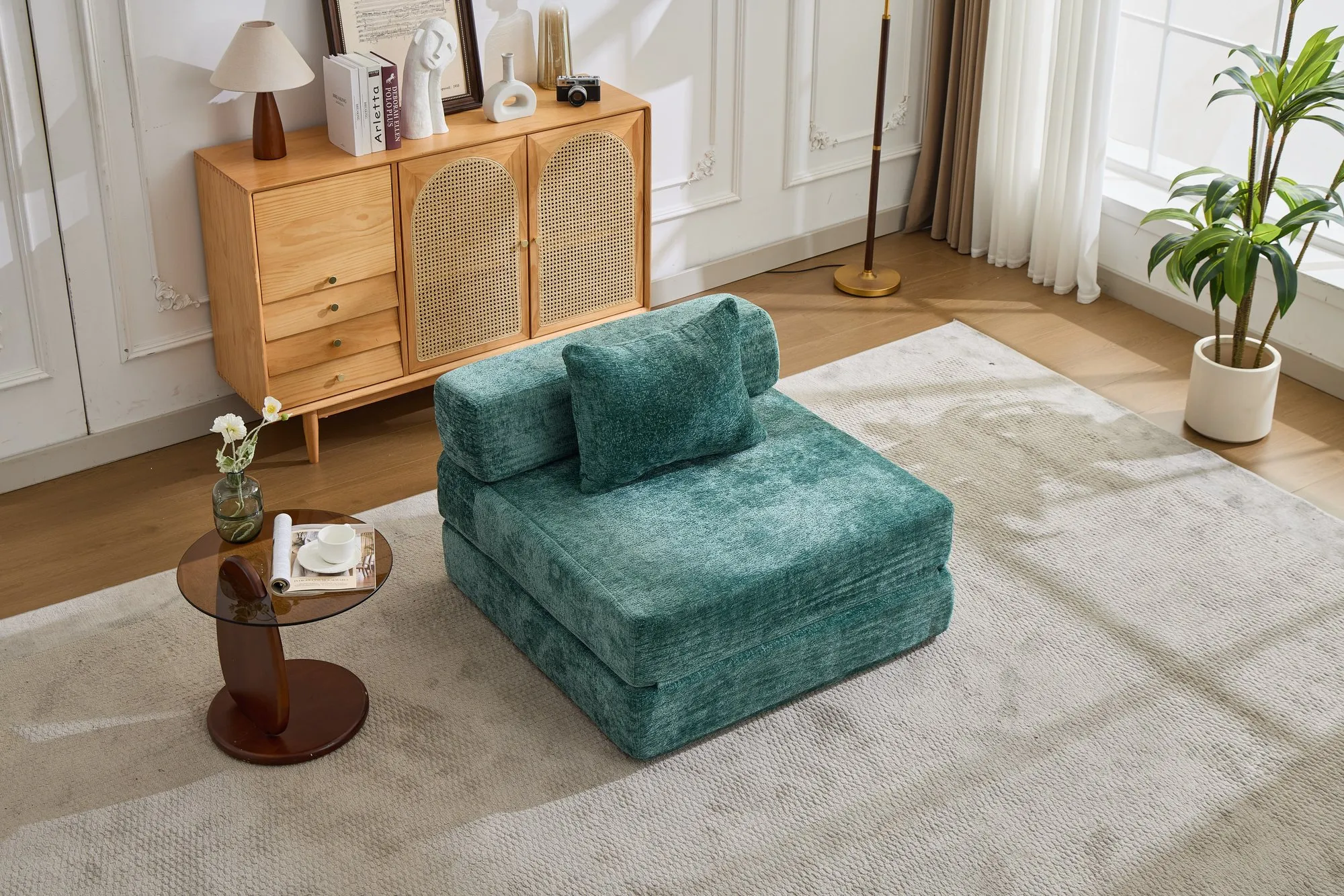 Chenille Compression Sofa Bed, Convertible Floor Sofa with Frame