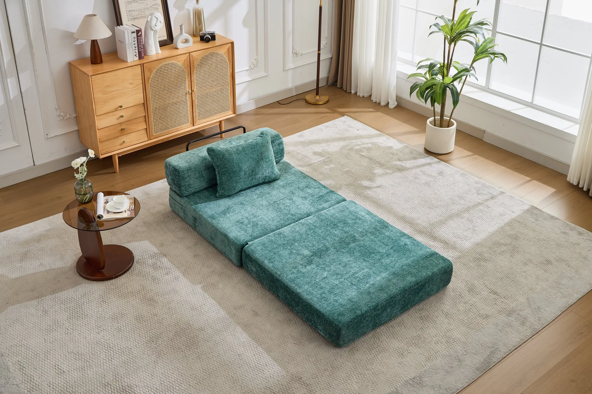 Chenille Compression Sofa Bed, Convertible Floor Sofa with Frame