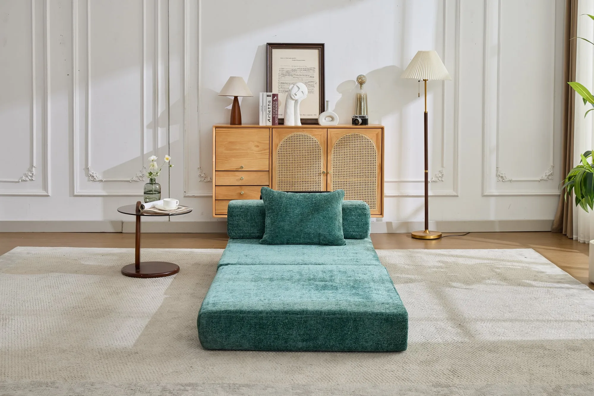 Chenille Compression Sofa Bed, Convertible Floor Sofa with Frame