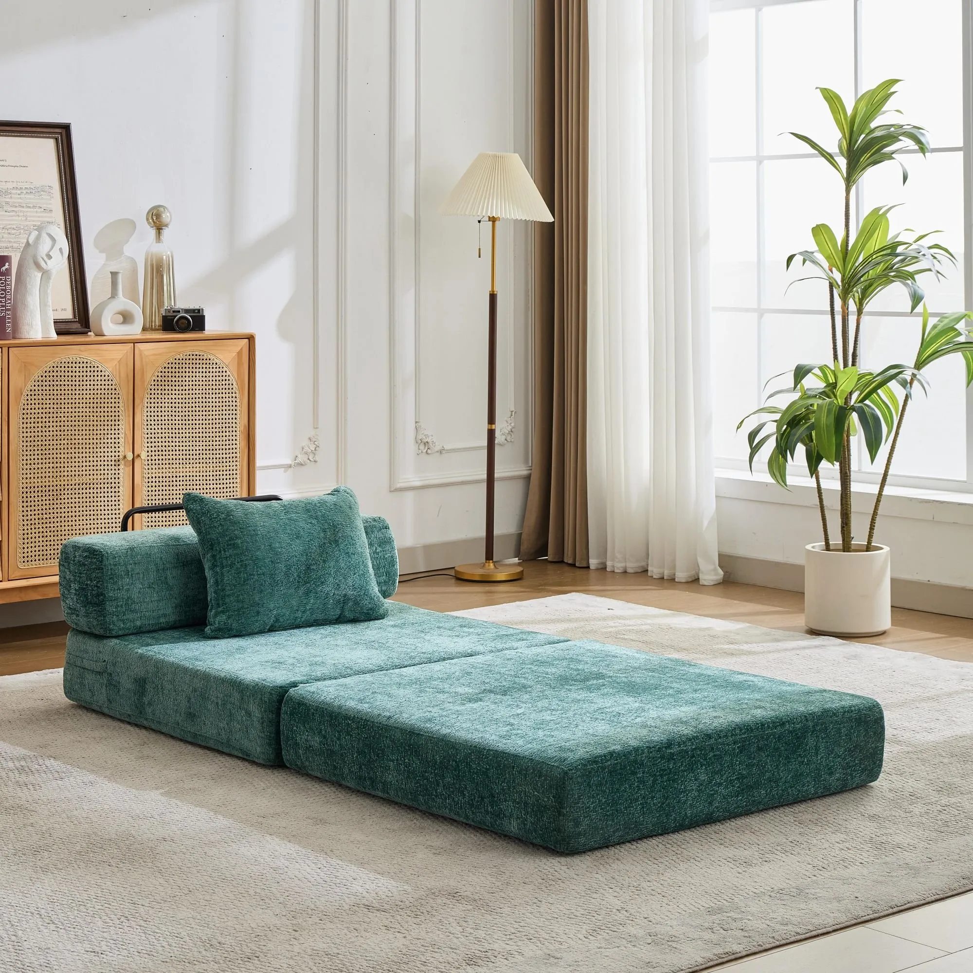 Chenille Compression Sofa Bed, Convertible Floor Sofa with Frame