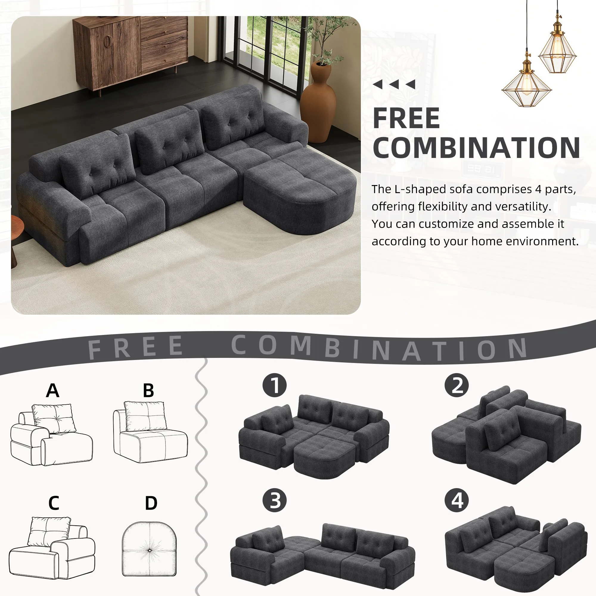 Modular Sectional Sofa with Chaise, Full-Foam Fabric Couch