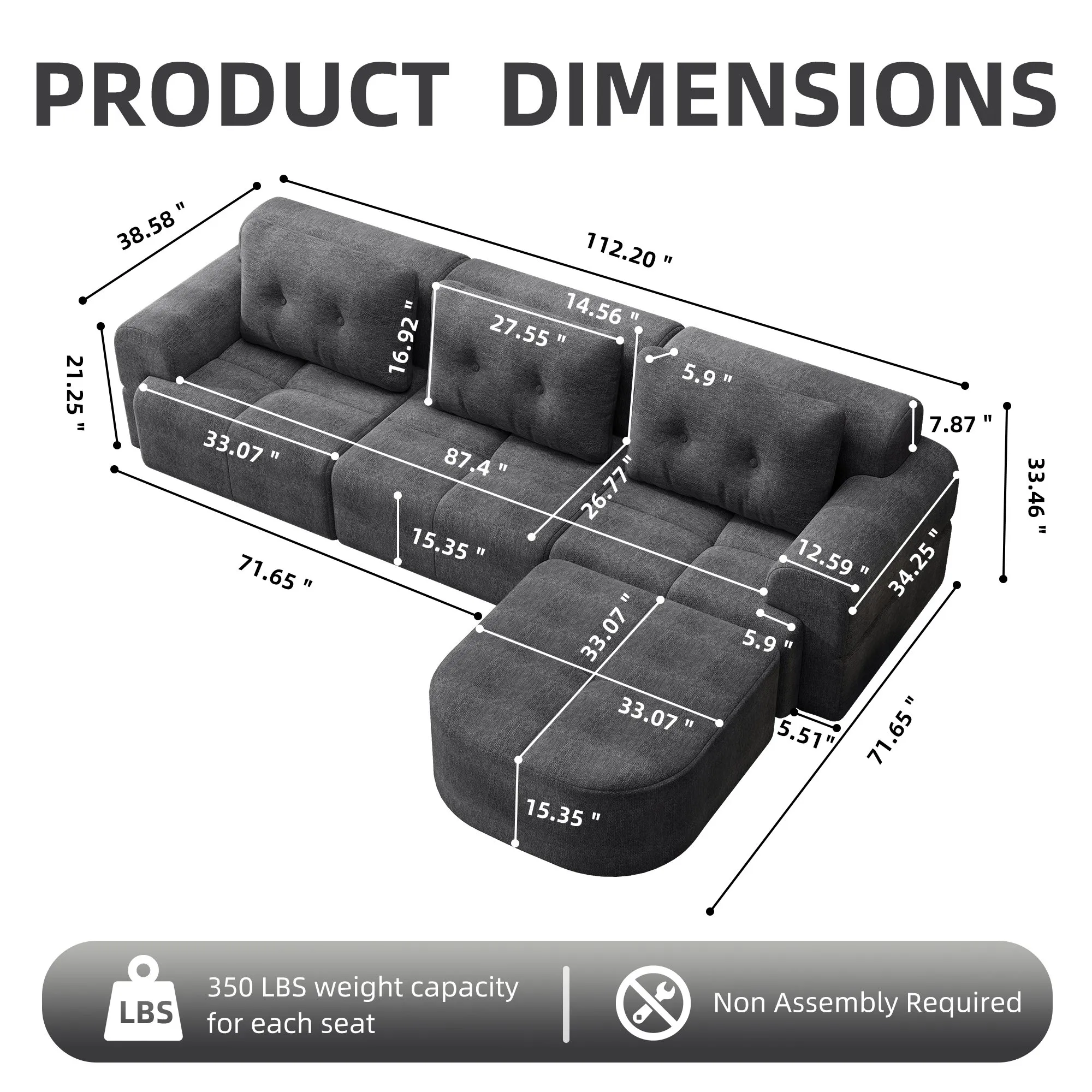 Modular Sectional Sofa with Chaise, Full-Foam Fabric Couch