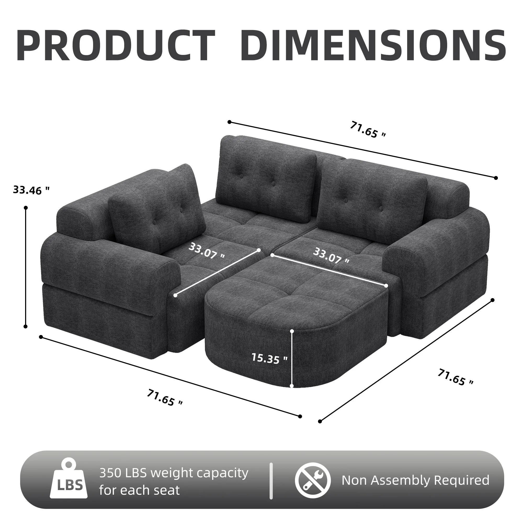 Modular Sectional Sofa with Chaise, Full-Foam Fabric Couch