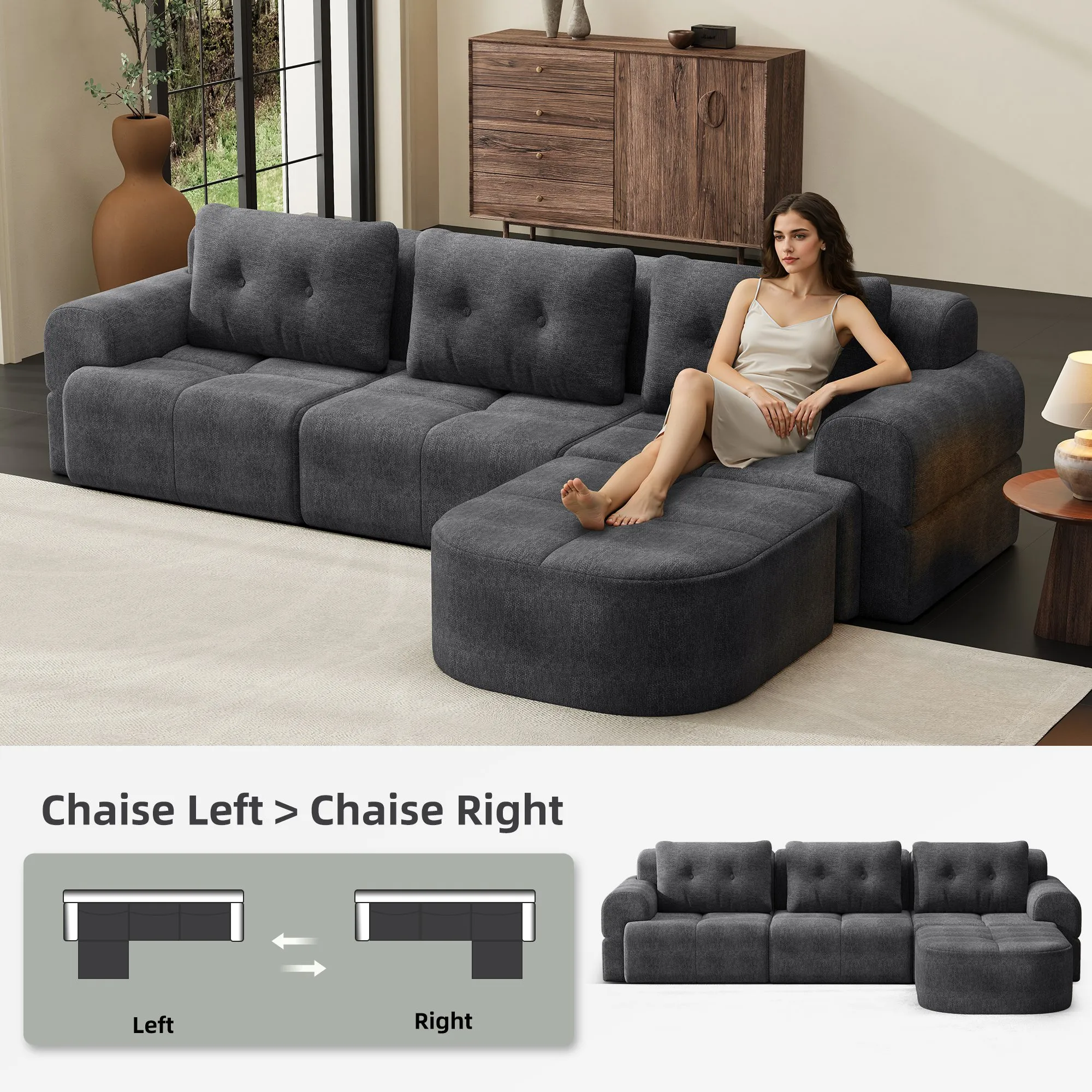Modular Sectional Sofa with Chaise, Full-Foam Fabric Couch