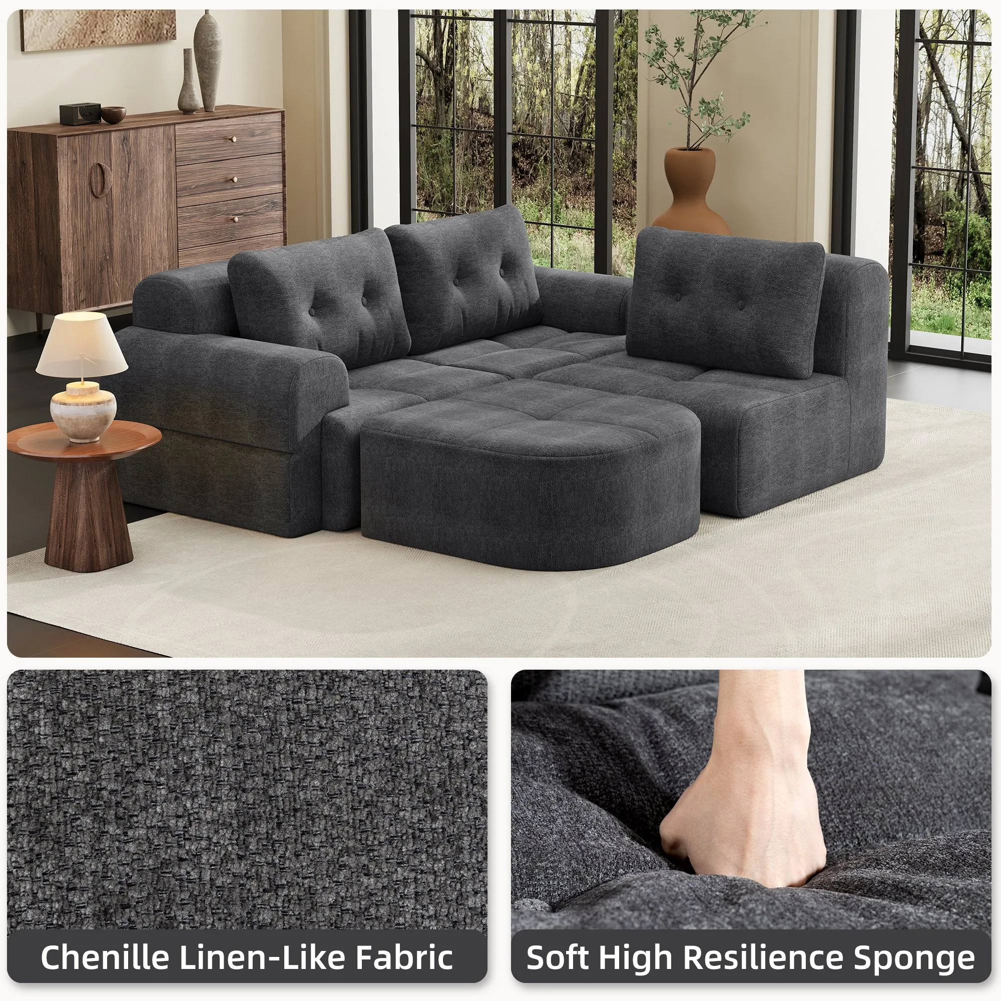 Modular Sectional Sofa with Chaise, Full-Foam Fabric Couch