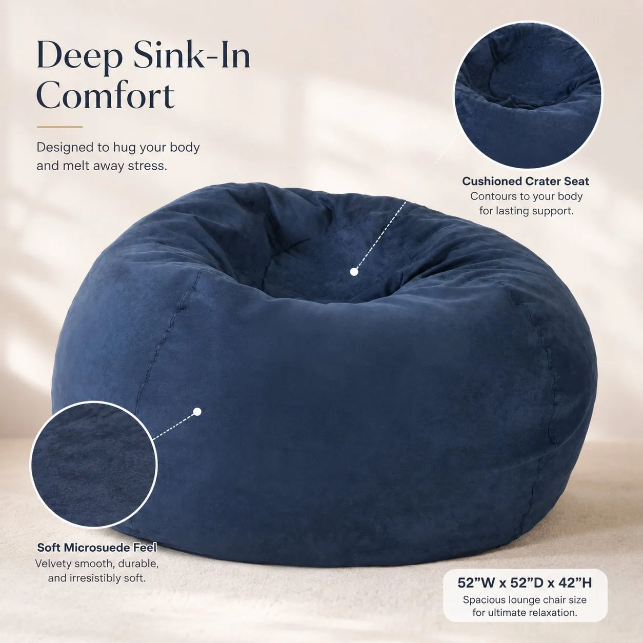 5-Foot Shredded Foam Bean Bag Chair, High-Density Microfiber