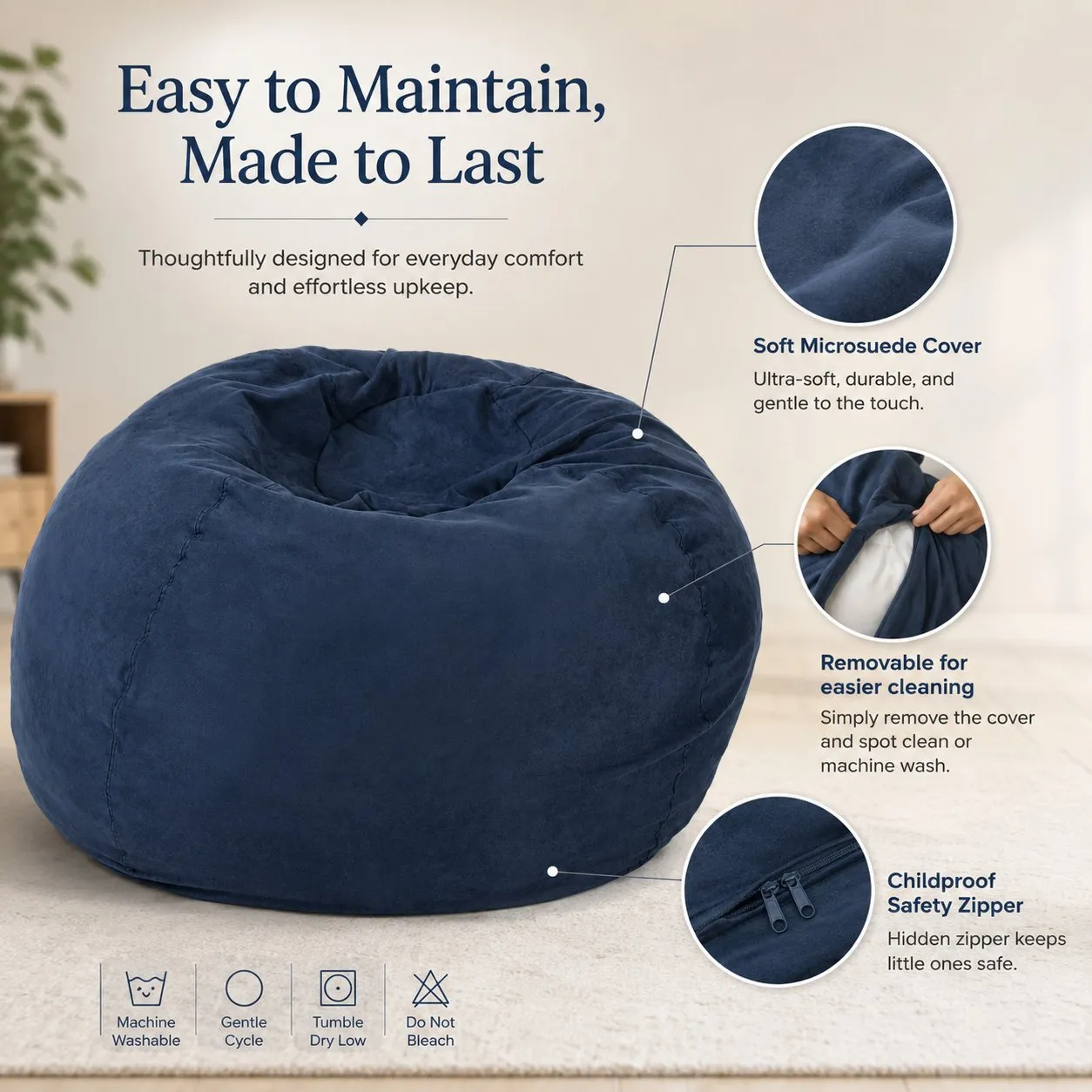 5-Foot Shredded Foam Bean Bag Chair, High-Density Microfiber