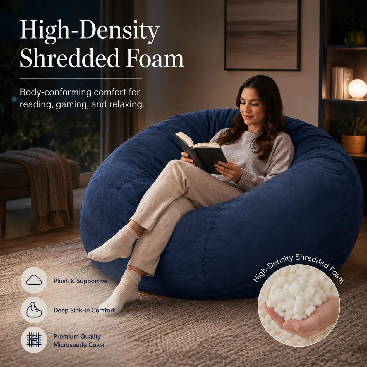 5-Foot Shredded Foam Bean Bag Chair, High-Density Microfiber