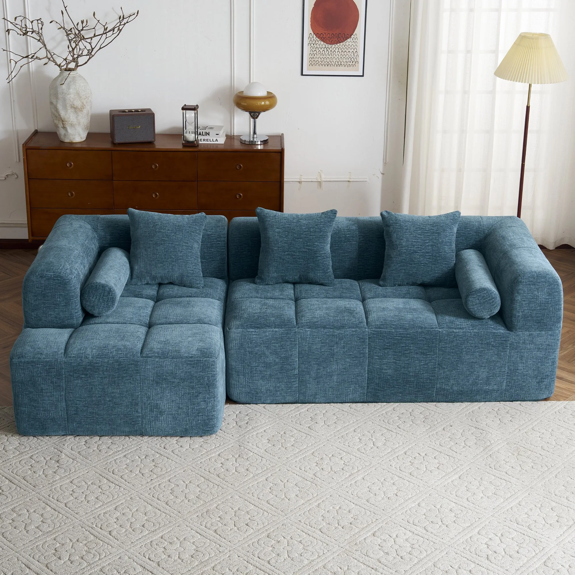 101.2"  Sectional Sofa Full-Compressed Sofa Modular Sofa Couch Free-combined Sofa with Deep Seating  and Two Side Pockets for Living Room, Blue