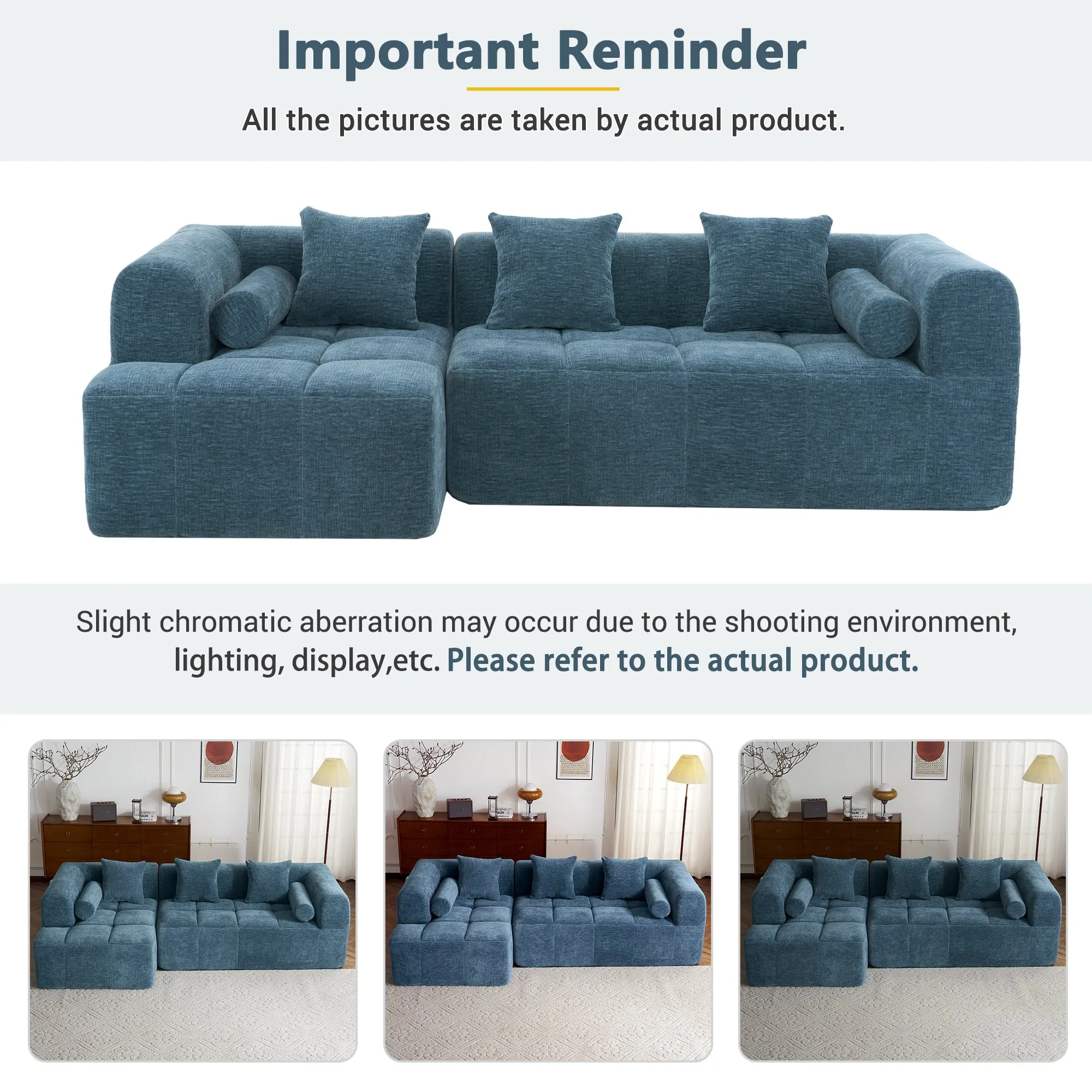 101.2"  Sectional Sofa Full-Compressed Sofa Modular Sofa Couch Free-combined Sofa with Deep Seating  and Two Side Pockets for Living Room, Blue