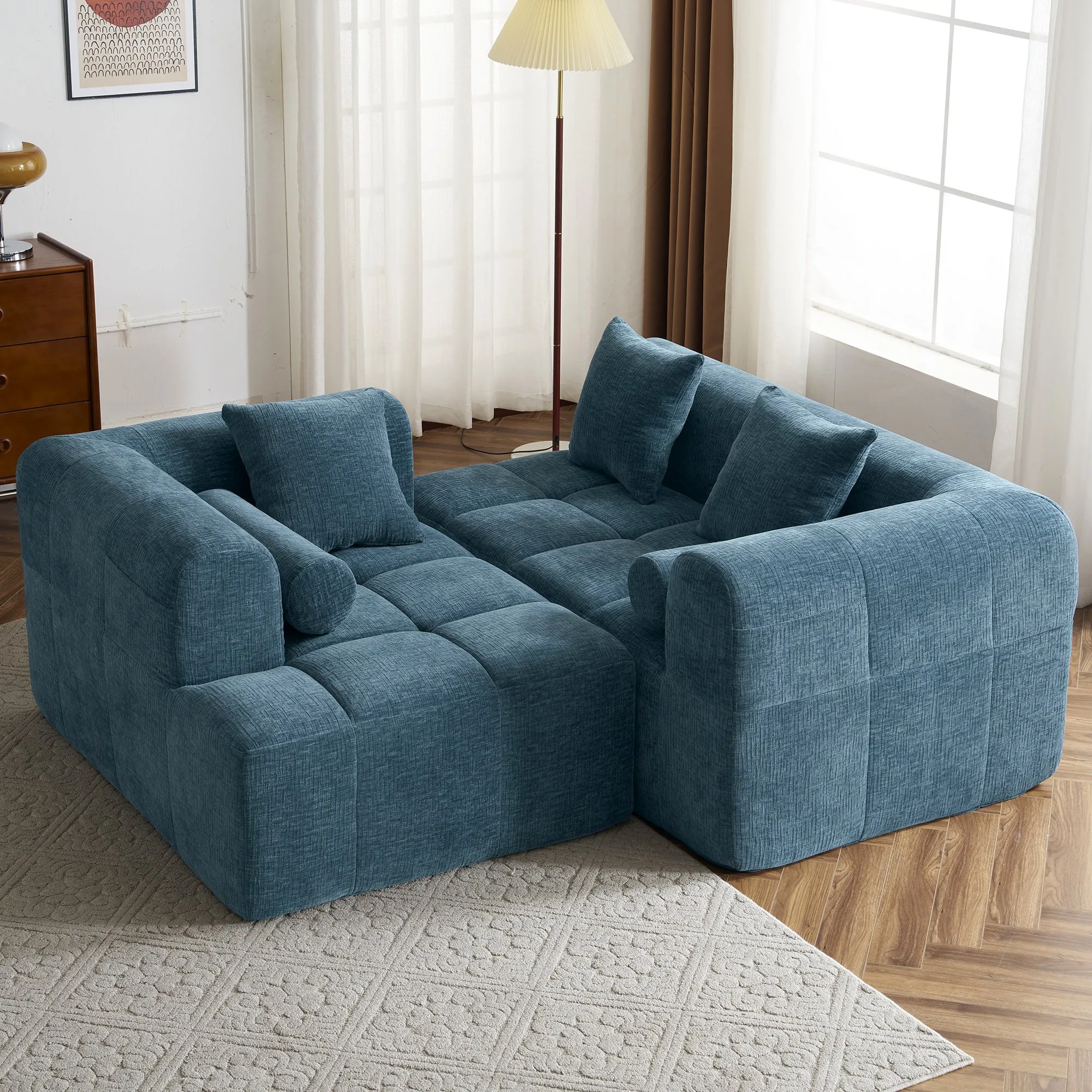 101.2"  Sectional Sofa Full-Compressed Sofa Modular Sofa Couch Free-combined Sofa with Deep Seating  and Two Side Pockets for Living Room, Blue