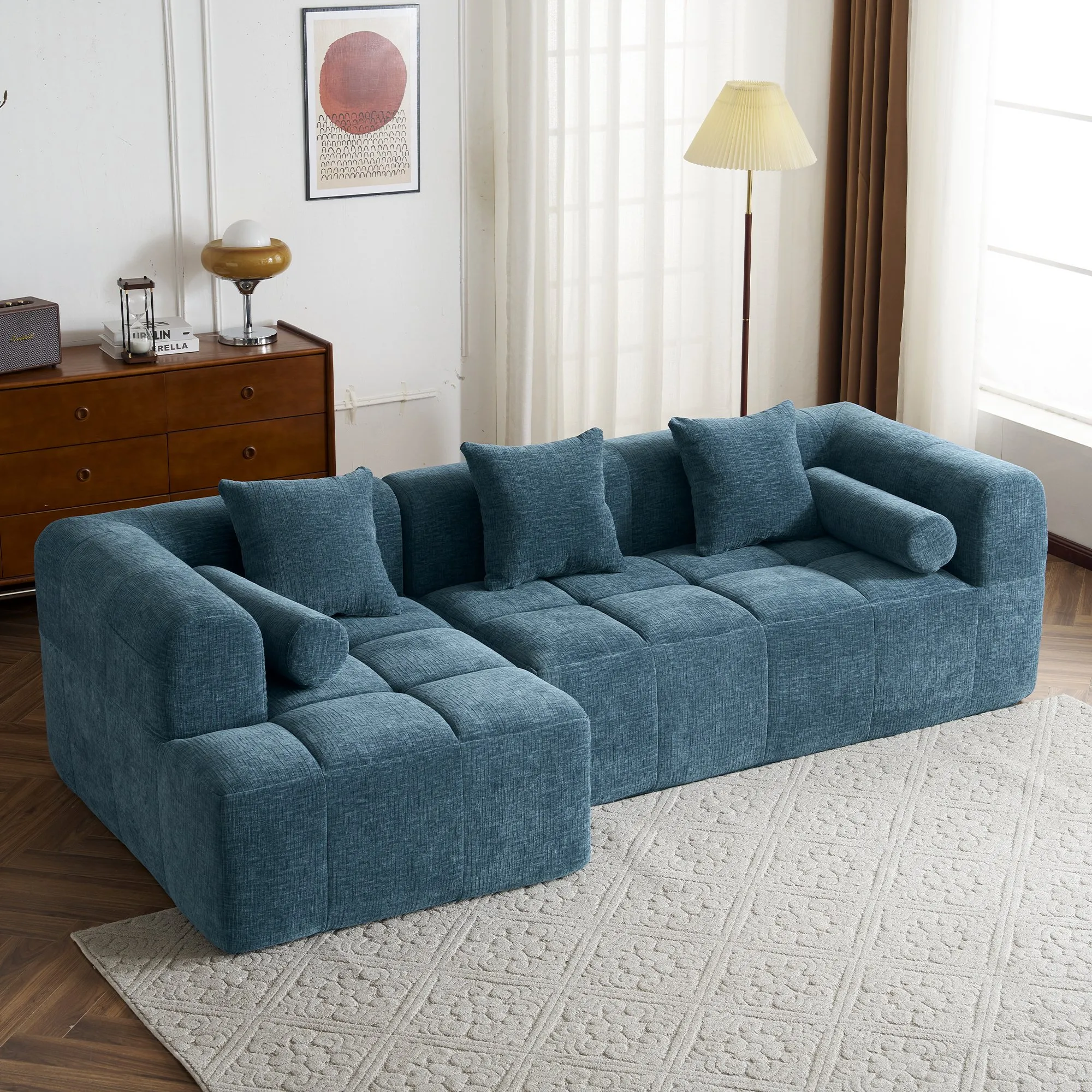 101.2"  Sectional Sofa Full-Compressed Sofa Modular Sofa Couch Free-combined Sofa with Deep Seating  and Two Side Pockets for Living Room, Blue