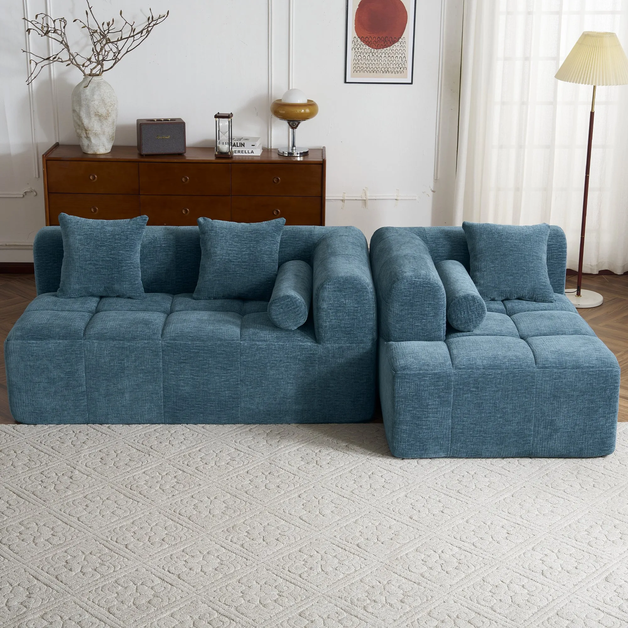 101.2"  Sectional Sofa Full-Compressed Sofa Modular Sofa Couch Free-combined Sofa with Deep Seating  and Two Side Pockets for Living Room, Blue