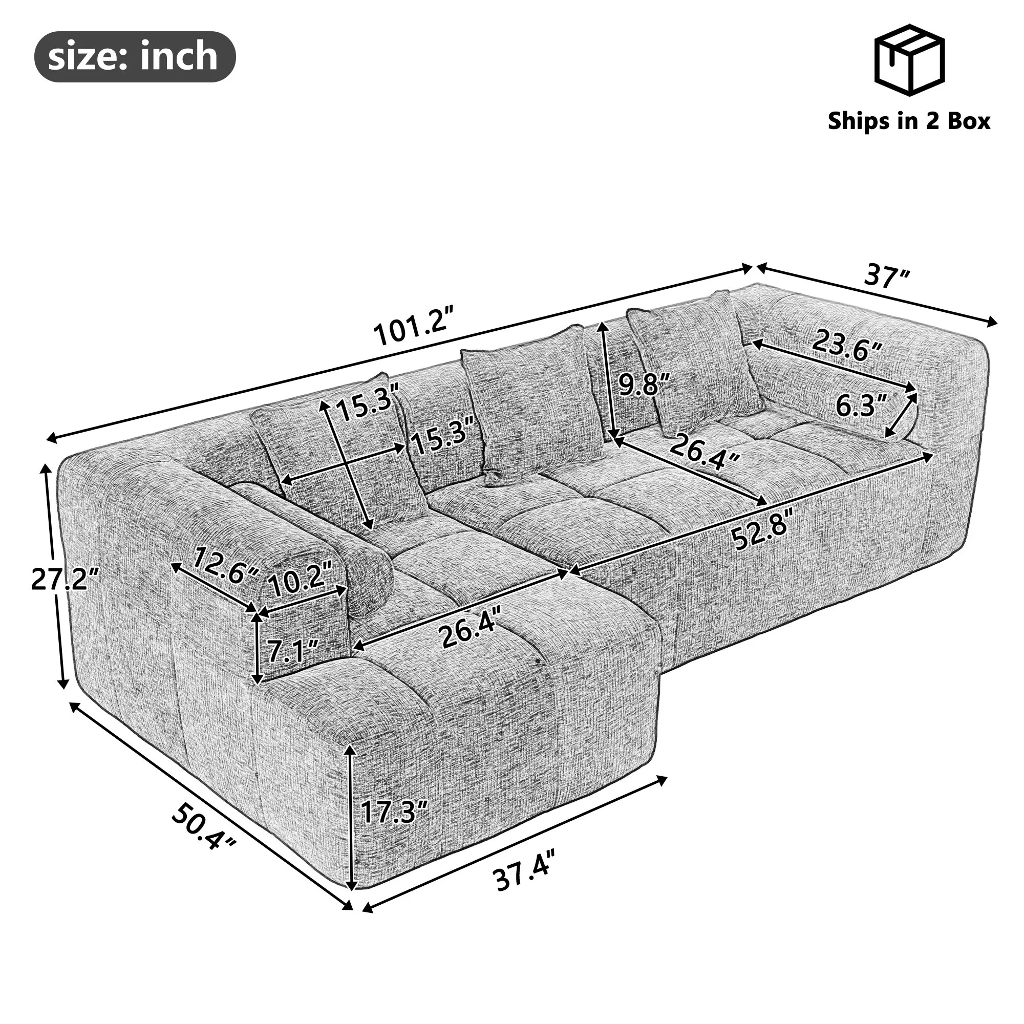 101.2"  Sectional Sofa Full-Compressed Sofa Modular Sofa Couch Free-combined Sofa with Deep Seating  and Two Side Pockets for Living Room, Blue