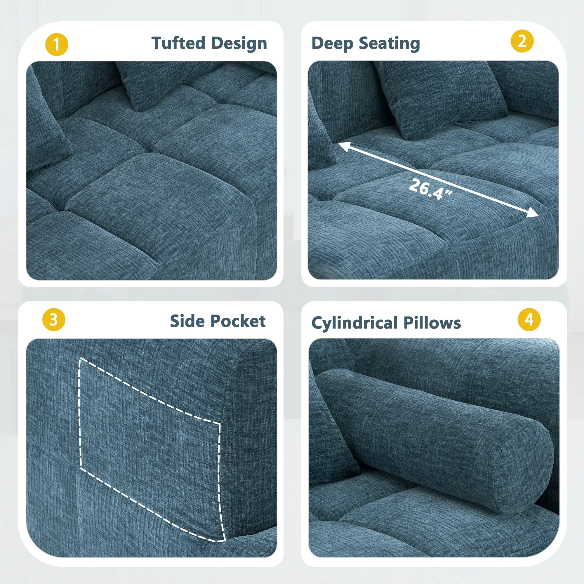 101.2"  Sectional Sofa Full-Compressed Sofa Modular Sofa Couch Free-combined Sofa with Deep Seating  and Two Side Pockets for Living Room, Blue