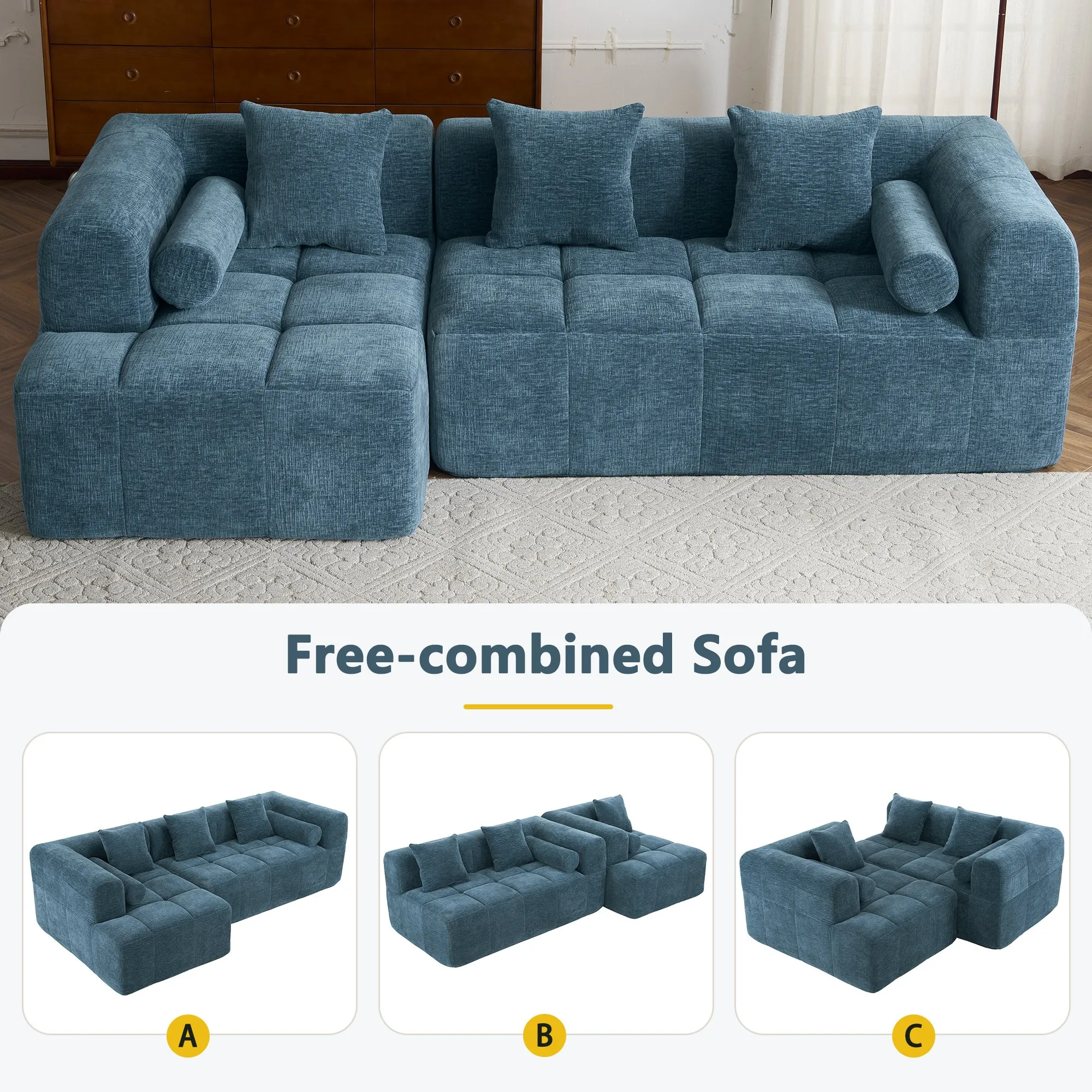 101.2"  Sectional Sofa Full-Compressed Sofa Modular Sofa Couch Free-combined Sofa with Deep Seating  and Two Side Pockets for Living Room, Blue