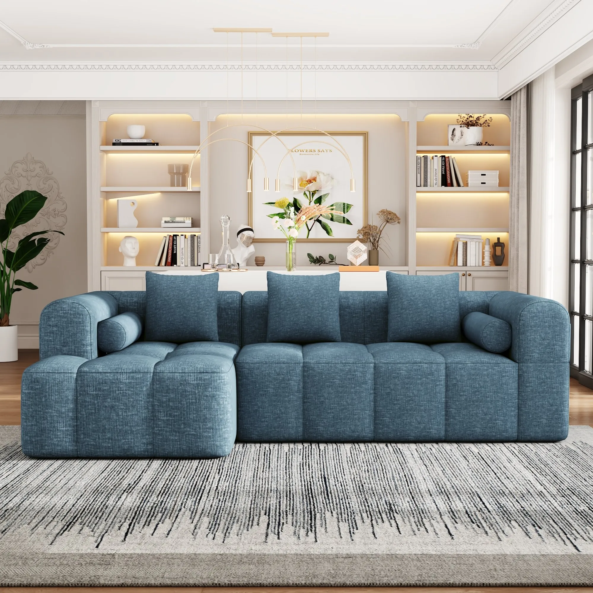 101.2"  Sectional Sofa Full-Compressed Sofa Modular Sofa Couch Free-combined Sofa with Deep Seating  and Two Side Pockets for Living Room, Blue