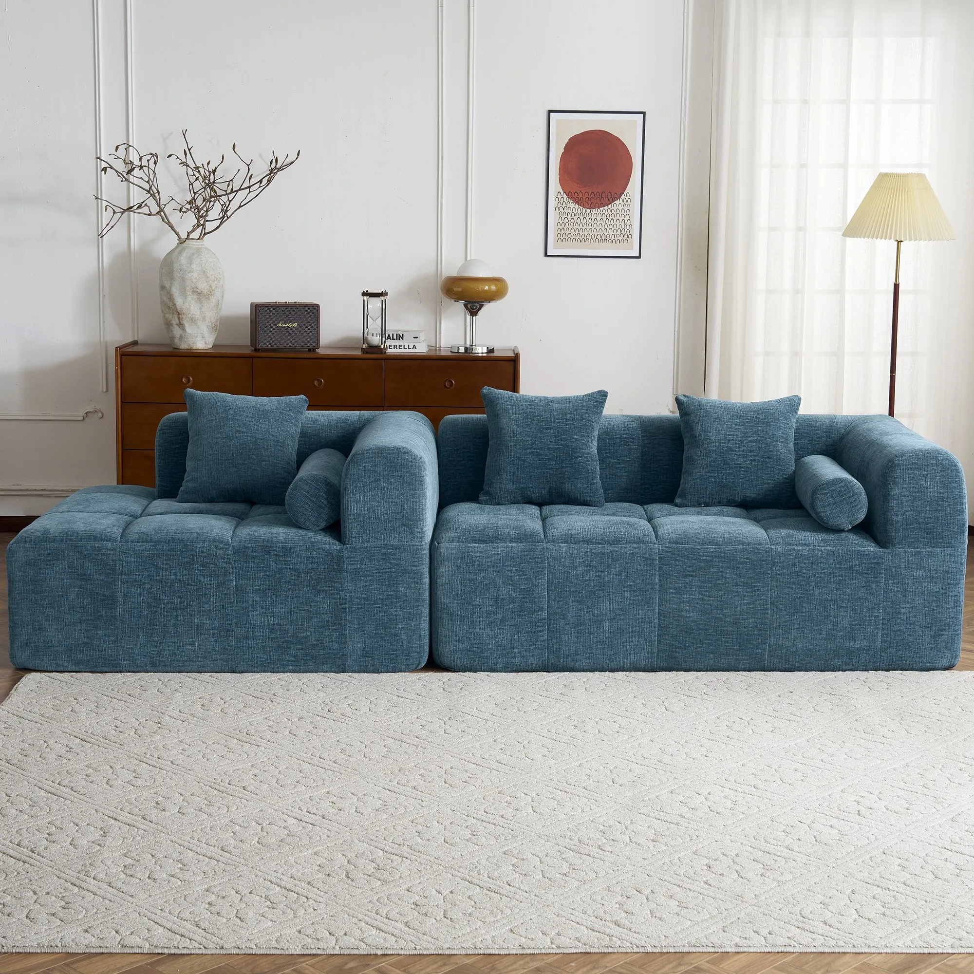 101.2"  Sectional Sofa Full-Compressed Sofa Modular Sofa Couch Free-combined Sofa with Deep Seating  and Two Side Pockets for Living Room, Blue