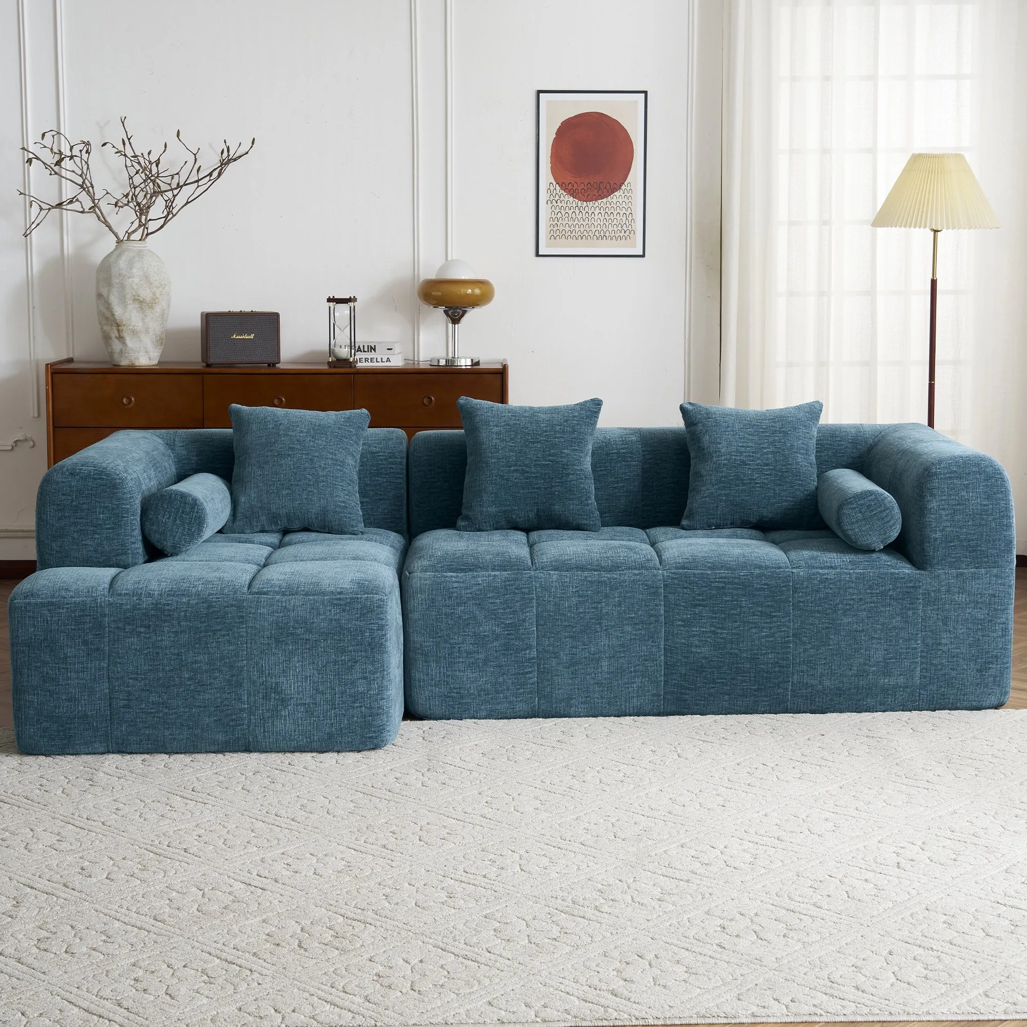 101.2"  Sectional Sofa Full-Compressed Sofa Modular Sofa Couch Free-combined Sofa with Deep Seating  and Two Side Pockets for Living Room, Blue