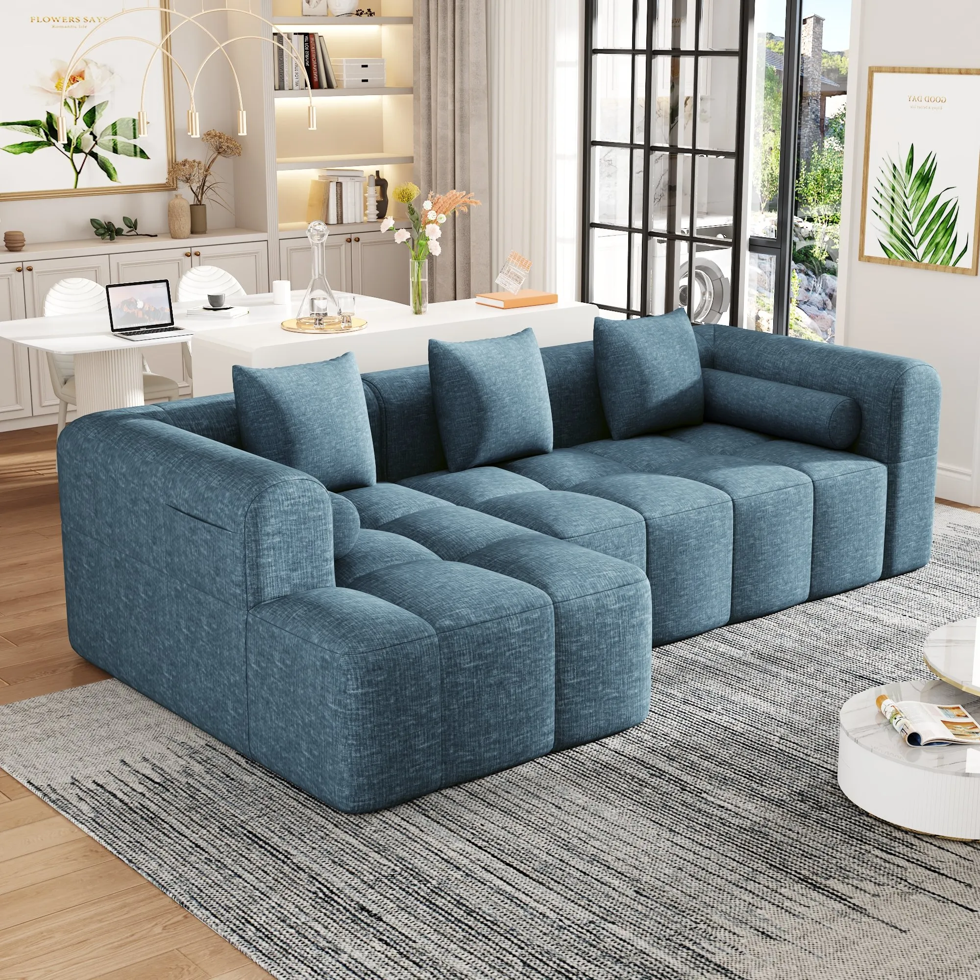 101.2"  Sectional Sofa Full-Compressed Sofa Modular Sofa Couch Free-combined Sofa with Deep Seating  and Two Side Pockets for Living Room, Blue