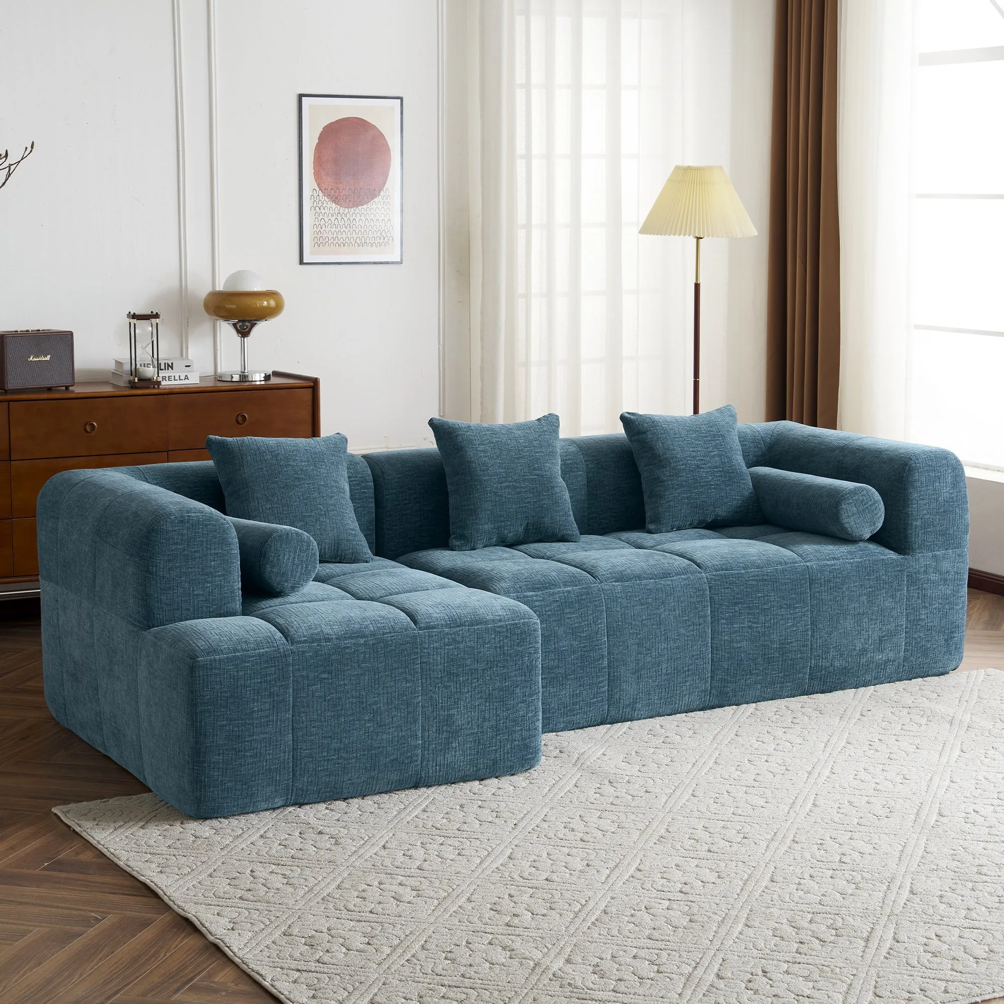 101.2"  Sectional Sofa Full-Compressed Sofa Modular Sofa Couch Free-combined Sofa with Deep Seating  and Two Side Pockets for Living Room, Blue