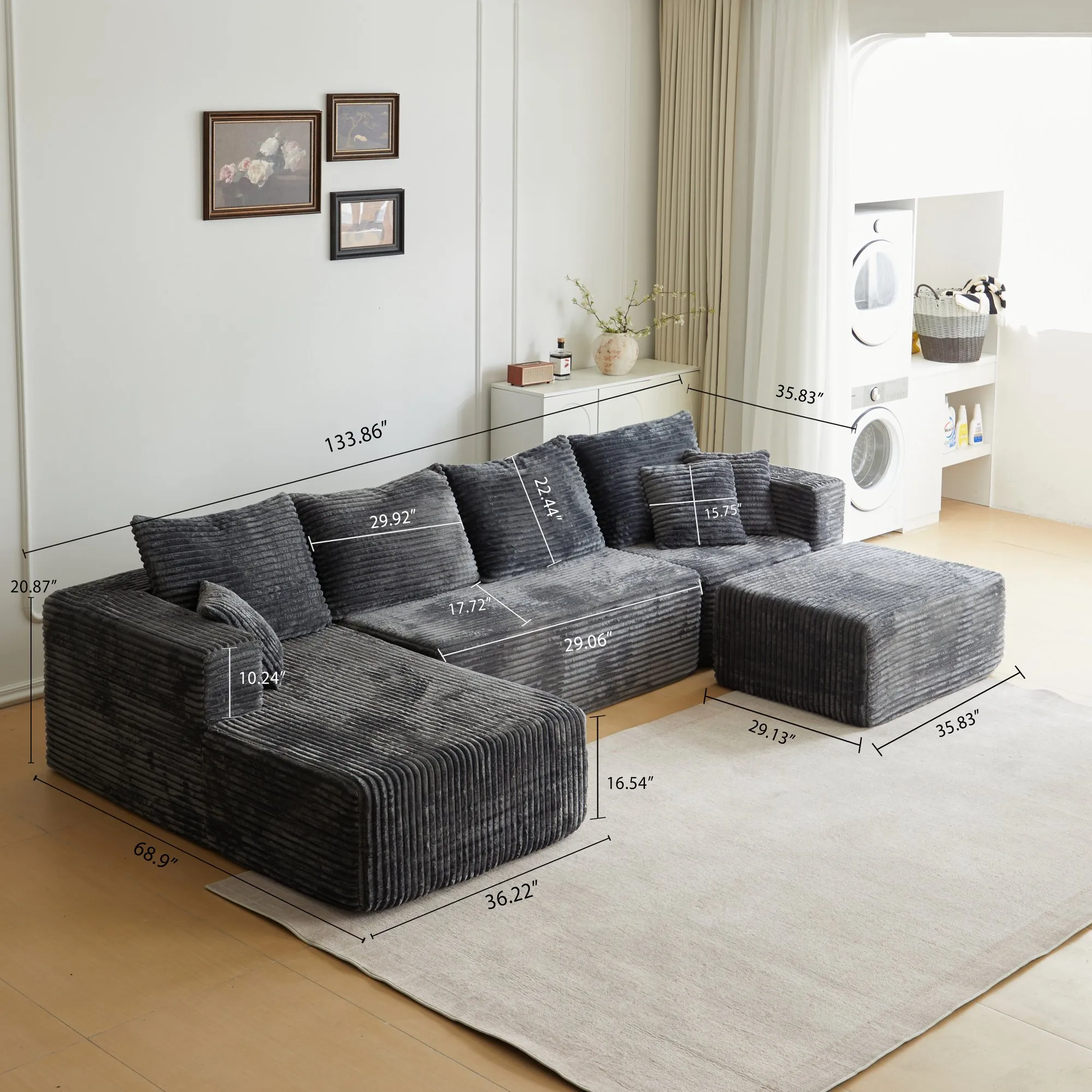 133.86-Inch Cloud Modular Sectional Sofa with Ottoman, Upholstered