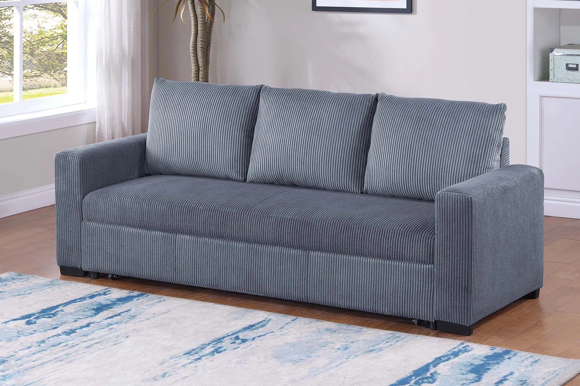Convertible Sleeper Sofa Pull Out Bed Plastic Legs Cushion Back Square Arms Convenient Handles Dark Gray Finish Primary Living Room
