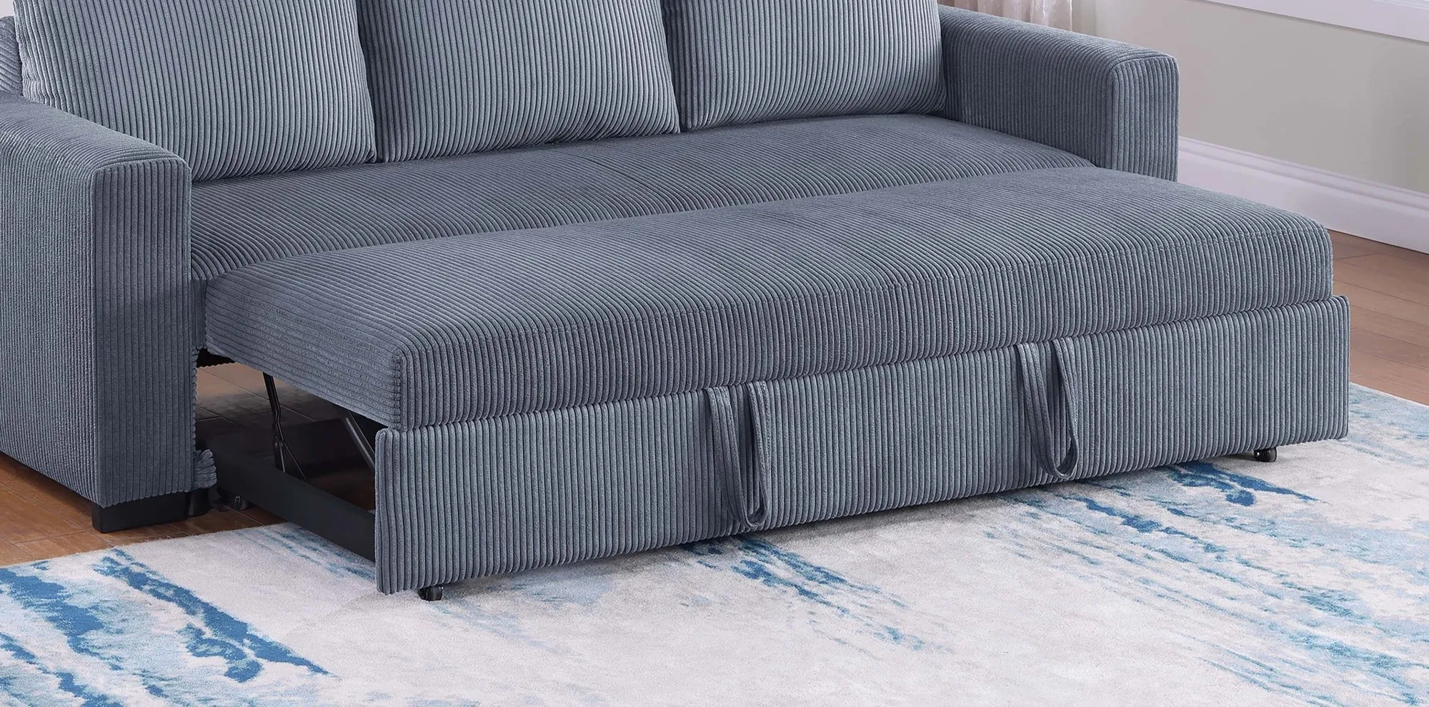 Convertible Sleeper Sofa Pull Out Bed Plastic Legs Cushion Back Square Arms Convenient Handles Dark Gray Finish Primary Living Room