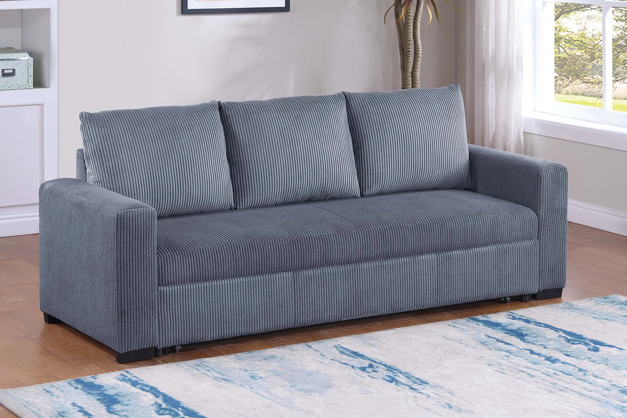 Convertible Sleeper Sofa Pull Out Bed Plastic Legs Cushion Back Square Arms Convenient Handles Dark Gray Finish Primary Living Room