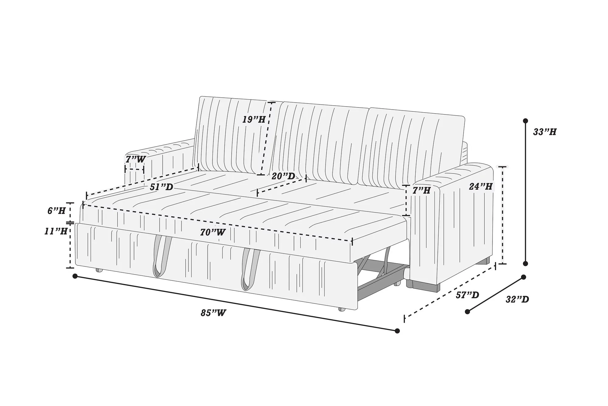 Convertible Sleeper Sofa Pull Out Bed Plastic Legs Cushion Back Square Arms Convenient Handles Dark Gray Finish Primary Living Room