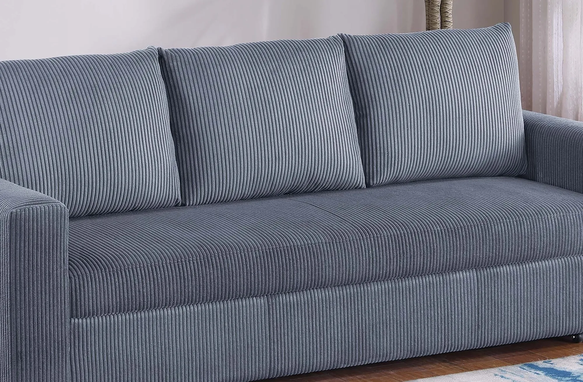 Convertible Sleeper Sofa Pull Out Bed Plastic Legs Cushion Back Square Arms Convenient Handles Dark Gray Finish Primary Living Room