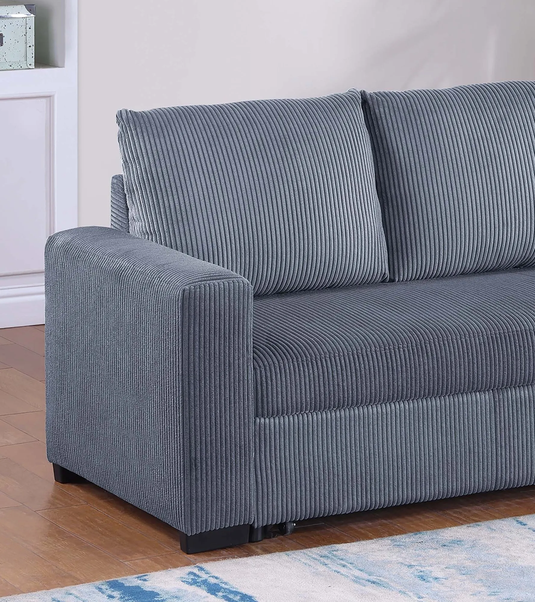 Convertible Sleeper Sofa Pull Out Bed Plastic Legs Cushion Back Square Arms Convenient Handles Dark Gray Finish Primary Living Room