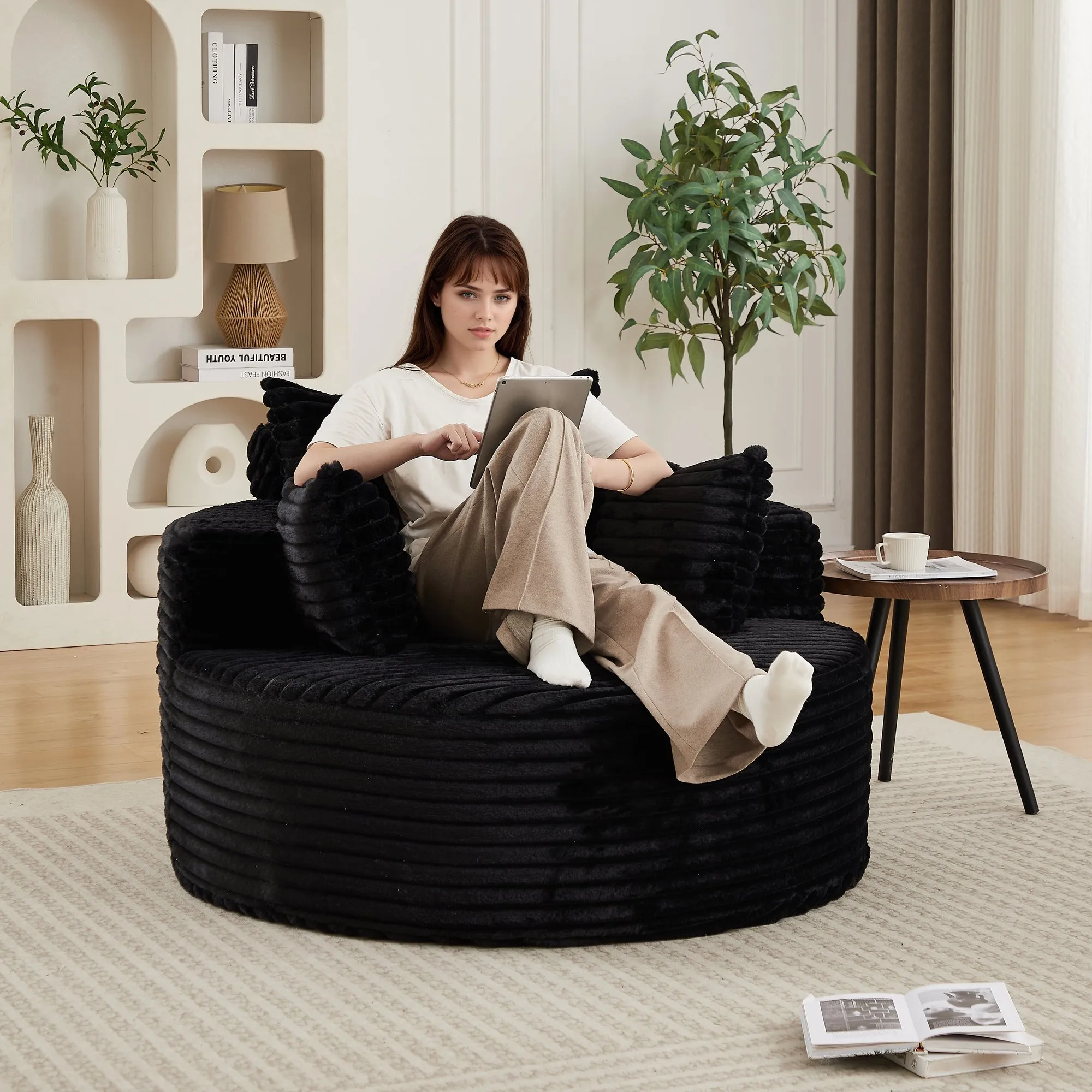 50-Inch Corduroy Single Sofa, No-Assembly Fluffy Floor Seat